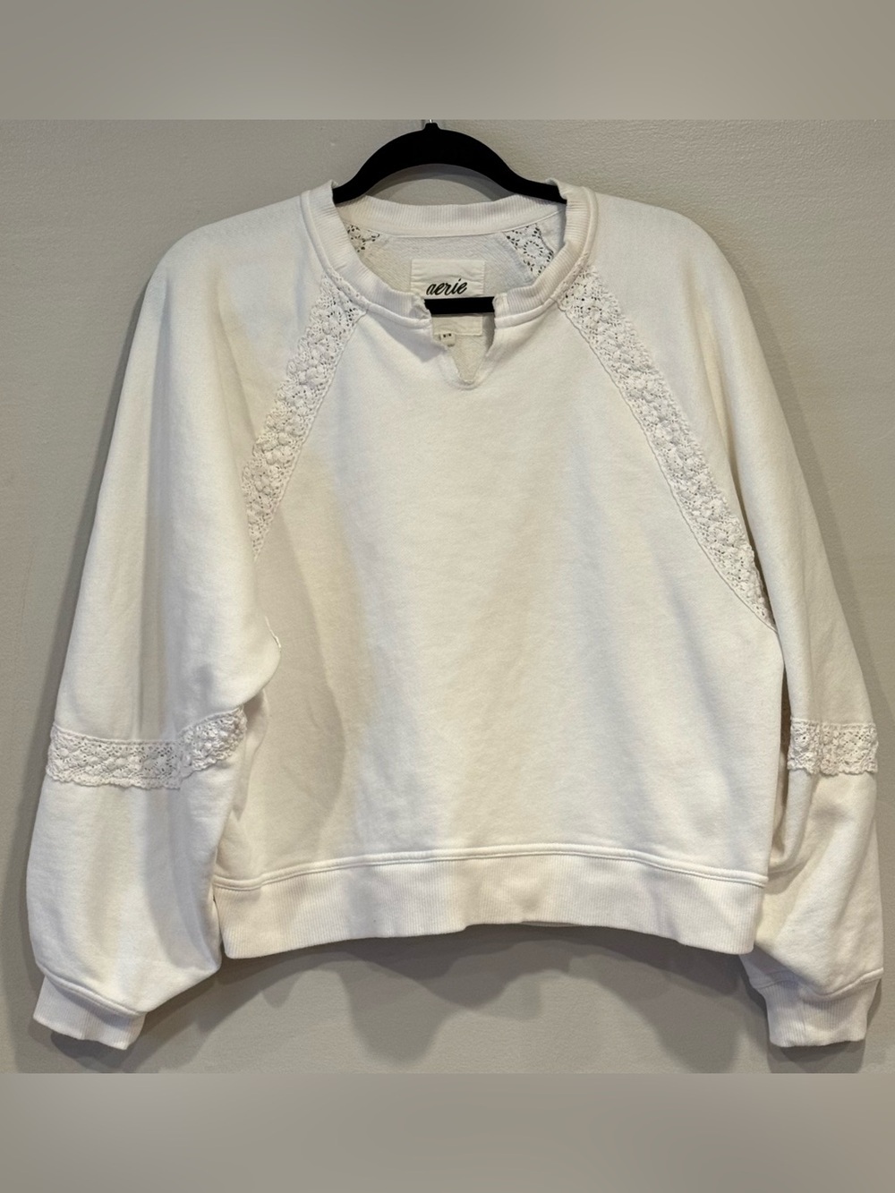 Aerie Hey Crochet Pullover Lace Sweatshirt Bright White Women's Medium